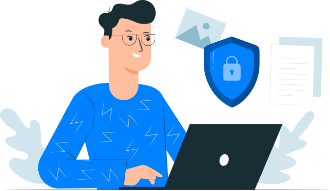 A person working while their files and images are protected behind a shield